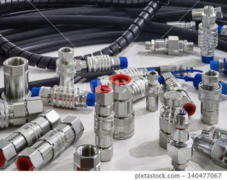 Variety of metal fittings and hoses used in mechanical systems on a table in a workshop setting during daylight hours Variety of metal fittings and hoses used in mechanical systems on a table in a workshop setting during daylight hours 140477067