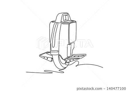 Continuous one line drawing rugged electric unicycle, detailing its boxy battery body casing, ergonomic top carry handle, sturdy folding footplates. Single line draw design vector graphic illustration Continuous one line drawing rugged electric unicycle, detailing its boxy battery body casing, ergonomic top carry handle, sturdy folding footplates. Single line draw design vector graphic illustration 140477100