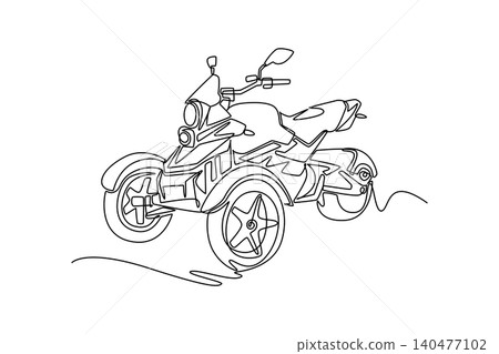 Continuous one line drawing innovative three-wheeled maxi scooter. Its distinctive dual front tire layout and stylized aerodynamic fairing paneling. Single line draw design vector graphic illustration 140477102