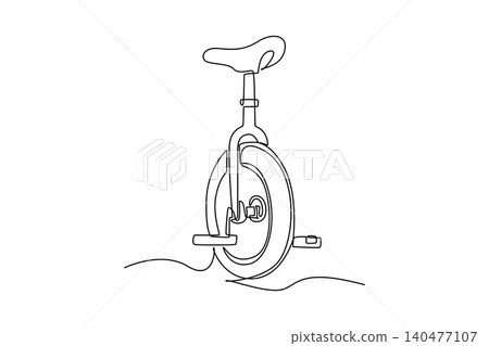 Single continuous line drawing modern sport unicycle viewed from angled perspective. Single sturdy wheel, foot-pedal cranks, padded seating assembly. One line draw graphic design vector illustration Single continuous line drawing modern sport unicycle viewed from angled perspective. Single sturdy wheel, foot-pedal cranks, padded seating assembly. One line draw graphic design vector illustration 140477107