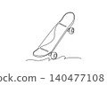 Single continuous line drawing classic street skateboard, tilted dynamically to show deck grip and small rolling wheels for urban trick sports. Dynamic one line draw graphic design vector illustration 140477108