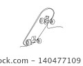 Single continuous line drawing street skateboard viewed from underneath. Twin metal truck components and four rolling wheels for extreme urban tricks. One line draw graphic design vector illustration 140477109