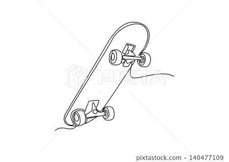 Single continuous line drawing street skateboard viewed from underneath. Twin metal truck components and four rolling wheels for extreme urban tricks. One line draw graphic design vector illustration 140477109