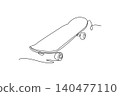Single continuous line drawing a classic street skateboard from side perspective. Smooth wooden deck and lower wheel axles for youthful extreme sports. One line draw graphic design vector illustration 140477110