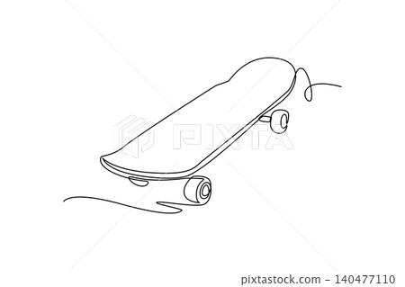 Single continuous line drawing a classic street skateboard from side perspective. Smooth wooden deck and lower wheel axles for youthful extreme sports. One line draw graphic design vector illustration Single continuous line drawing a classic street skateboard from side perspective. Smooth wooden deck and lower wheel axles for youthful extreme sports. One line draw graphic design vector illustration 140477110