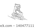 Single continuous line drawing modern inline roller skate boot, detailing tight buckles, sturdy ankle support, smooth wheels for extreme urban sports. One line draw graphic design vector illustration 140477111