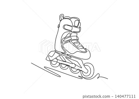 Single continuous line drawing modern inline roller skate boot, detailing tight buckles, sturdy ankle support, smooth wheels for extreme urban sports. One line draw graphic design vector illustration Single continuous line drawing modern inline roller skate boot, detailing tight buckles, sturdy ankle support, smooth wheels for extreme urban sports. One line draw graphic design vector illustration 140477111
