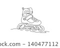 Single continuous line drawing chunky recreational inline skate. Protective padded boot, ankle strap fastener, and four wheels for an active lifestyle. One line draw graphic design vector illustration 140477112