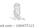 Single one line drawing back view sports inline roller skate. Accentuating thick protective boot, tongue layout, and floor chassis line. Modern continuous line draw design graphic vector illustration 140477113