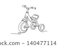Single one line drawing a classic kids tricycle, showcasing retro three wheel design with pedals and handlebars for happy childhood play. Modern continuous line draw design graphic vector illustration 140477114