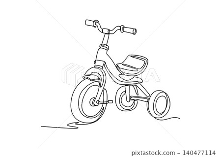 Single one line drawing a classic kids tricycle, showcasing retro three wheel design with pedals and handlebars for happy childhood play. Modern continuous line draw design graphic vector illustration 140477114