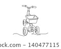 Single one line drawing back view modern kids tricycle cart with an integrated front storage box, capturing playful children toy vehicle. Modern continuous line draw design graphic vector illustration 140477115