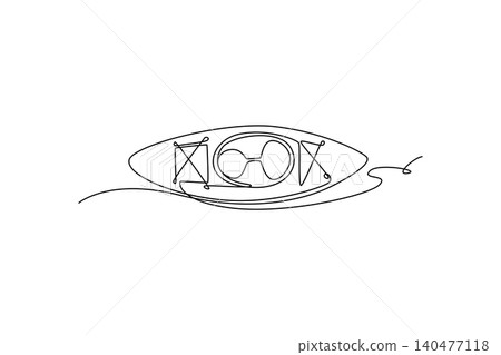 Single one line drawing sports kayak from top view, featuring intricate deck rigging patterns, open seat cockpit for water adventure, vacation. Continuous line draw design graphic vector illustration Single one line drawing sports kayak from top view, featuring intricate deck rigging patterns, open seat cockpit for water adventure, vacation. Continuous line draw design graphic vector illustration 140477118