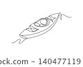 Single one line drawing recreational kayak with deck rigging lines, rendered beautifully line art to depict outdoor adventure and water sports. Continuous line draw design graphic vector illustration 140477119