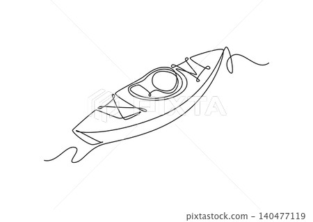 Single one line drawing recreational kayak with deck rigging lines, rendered beautifully line art to depict outdoor adventure and water sports. Continuous line draw design graphic vector illustration Single one line drawing recreational kayak with deck rigging lines, rendered beautifully line art to depict outdoor adventure and water sports. Continuous line draw design graphic vector illustration 140477119