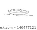 Single one line drawing small recreational watercraft floating dynamically on gentle water surface ripples rendered cleanly in aesthetic. Modern continuous line draw design graphic vector illustration 140477121