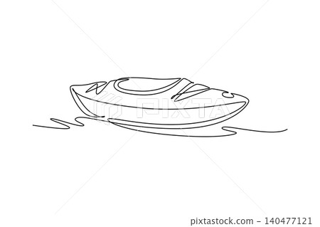 Single one line drawing small recreational watercraft floating dynamically on gentle water surface ripples rendered cleanly in aesthetic. Modern continuous line draw design graphic vector illustration 140477121