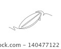 Single one line drawing classic surfboard floating on ocean waves. Adventure and coastal vibe, perfect for trendy tropical summer water sports. Continuous line draw design graphic vector illustration 140477122
