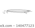 Single one line drawing surfboard resting on gentle water swells, rear fin clearly visible, embodying calm, peaceful ocean surfing experience. Continuous line draw design graphic vector illustration 140477123