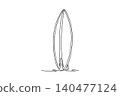 Single one line drawing classic water sports surfboard standing vertically up. Its aerodynamic design and small stabilization fin at the bottom. Continuous line draw design graphic vector illustration 140477124
