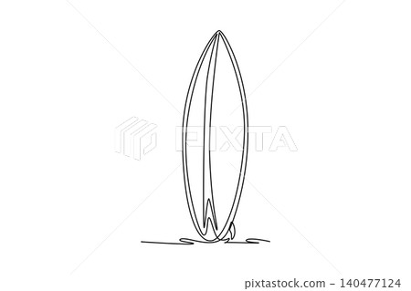 Single one line drawing classic water sports surfboard standing vertically up. Its aerodynamic design and small stabilization fin at the bottom. Continuous line draw design graphic vector illustration 140477124