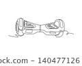 Continuous one line drawing self-balancing smart electric hoverboard from front view perspective, detailing its symmetrical footpads and dual tires. Single line draw design vector graphic illustration 140477126