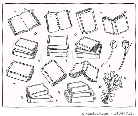 Retro bookish books outline line art hand drawn sketchy doodle set with loose wobbly ink outlines and whimsical bookish aesthetic 140477133