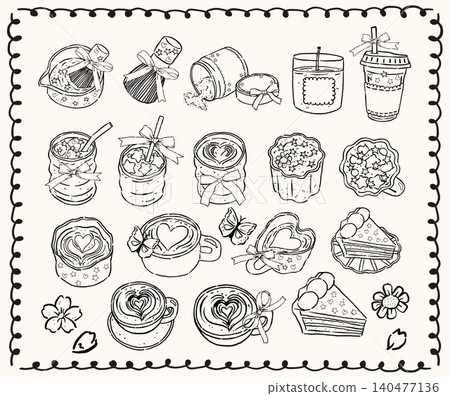 Whimsy matcha line art hand drawn sketchy doodle set with whimsical wobbly lines coquette bows and playful girly aesthetic Whimsy matcha line art hand drawn sketchy doodle set with whimsical wobbly lines coquette bows and playful girly aesthetic 140477136