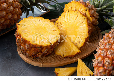 Pineapple, fruit, tropical, leaves, sliced, fresh pineapple fruit. Pineapple, fruit, tropical, leaves, sliced, fresh pineapple fruit. 140477378