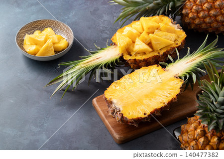 Pineapple, fruit, tropical, leaves, sliced, fresh pineapple fruit. Pineapple, fruit, tropical, leaves, sliced, fresh pineapple fruit. 140477382
