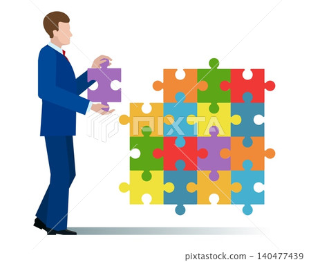 Businessman puts puzzle together Businessman puts puzzle together 140477439