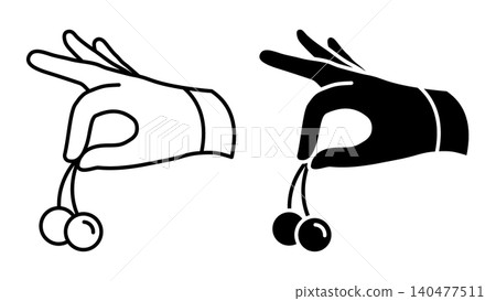 Linear icon. Hand holds a cherry and places it on top of the cake. Simple black and white vector symbol isolated on white background Linear icon. Hand holds a cherry and places it on top of the cake. Simple black and white vector symbol isolated on white background 140477511