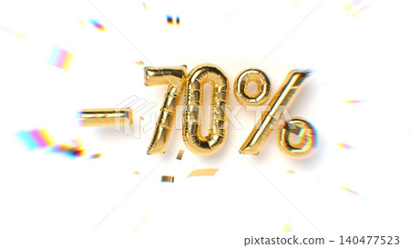 Golden 3D balloon numbers forming -70 percent on white background with festive confetti and glow effect. Big discount or sale event. 3d rendering illustration. Golden 3D balloon numbers forming -70 percent on white background with festive confetti and glow effect. Big discount or sale event. 3d rendering illustration. 140477523
