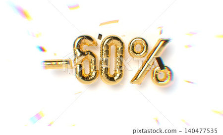 Golden 3D balloon numbers forming -60 percent on white background with festive confetti and glow effect. Big discount or sale event. 3d rendering illustration. Golden 3D balloon numbers forming -60 percent on white background with festive confetti and glow effect. Big discount or sale event. 3d rendering illustration. 140477535