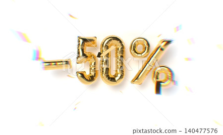 Golden 3D balloon numbers forming -50 percent on white background with festive confetti and glow effect. Big discount or sale event. 3d rendering illustration. Golden 3D balloon numbers forming -50 percent on white background with festive confetti and glow effect. Big discount or sale event. 3d rendering illustration. 140477576