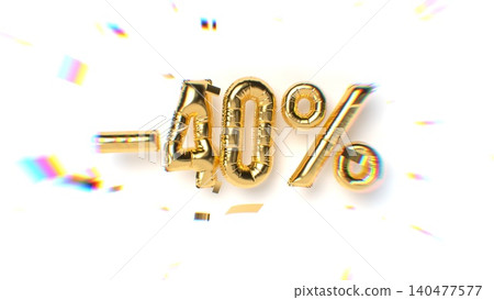 Golden 3D balloon numbers forming -40 percent on white background with festive confetti and glow effect. Big discount or sale event. 3d rendering illustration. Golden 3D balloon numbers forming -40 percent on white background with festive confetti and glow effect. Big discount or sale event. 3d rendering illustration. 140477577