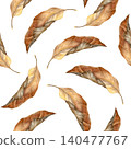 Watercolor seamless pattern with scattered dried autumn leaves (beech tree) in warm brown and beige tones. Ideal for textiles, wrapping paper, stationery, packaging, wallpapers and seasonal decor. 140477767