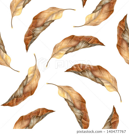 Watercolor seamless pattern with scattered dried autumn leaves (beech tree) in warm brown and beige tones. Ideal for textiles, wrapping paper, stationery, packaging, wallpapers and seasonal decor. 140477767