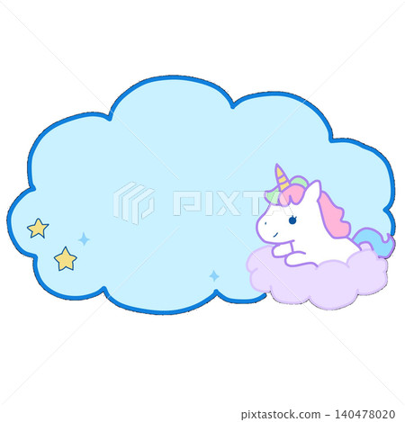 A unicorn leaning against a cloud and a light blue, fluffy frame. A unicorn leaning against a cloud and a light blue, fluffy frame. 140478020