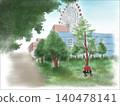 A landscape painting showing a Ferris wheel. 140478141