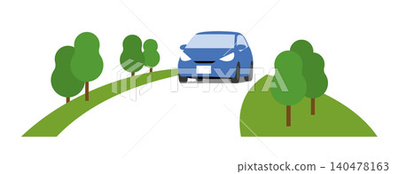 一幅描繪駕車行駛在綠樹環繞的鄉村道路上的插圖。 一幅描繪駕車行駛在綠樹環繞的鄉村道路上的插圖。 140478163