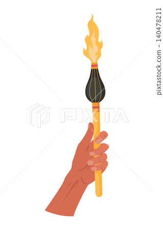 Hand holding a torch. Sport symbol, flat vector illustration design. Torch, Flame. Vector set, isolated burning torch flame in hand Hand holding a torch. Sport symbol, flat vector illustration design. Torch, Flame. Vector set, isolated burning torch flame in hand 140478211