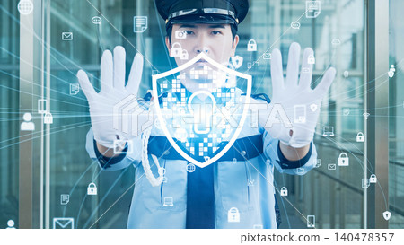 Security guard blocking the entrance and security image Security guard blocking the entrance and security image 140478357