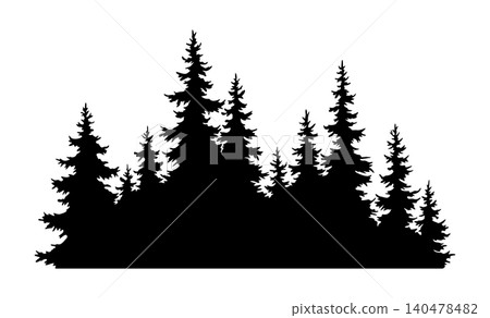 Fir trees silhouette. Coniferous spruce horizontal background pattern, black evergreen woods vector illustration. Beautiful hand drawn panorama of coniferous forest Fir trees silhouette. Coniferous spruce horizontal background pattern, black evergreen woods vector illustration. Beautiful hand drawn panorama of coniferous forest 140478482