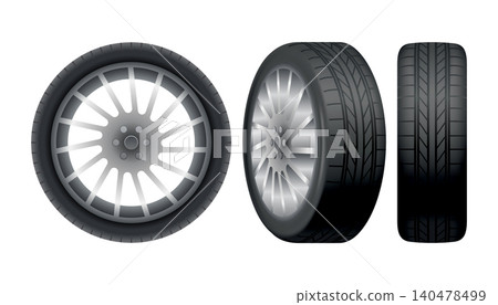 Car tires of rubber with disks. Vector realistic isolated set of tires in different positions. Automobile wheels and maintenance. Truck or vehicle repairing and replacement for next season Car tires of rubber with disks. Vector realistic isolated set of tires in different positions. Automobile wheels and maintenance. Truck or vehicle repairing and replacement for next season 140478499