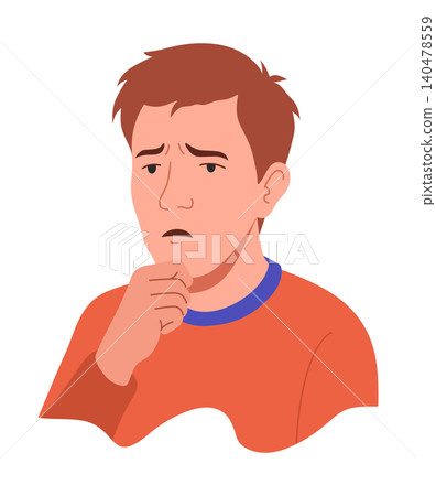 Flu symptom. Man showing cold symptom. Cough illness. Vector flu prevention poster Flu symptom. Man showing cold symptom. Cough illness. Vector flu prevention poster 140478559