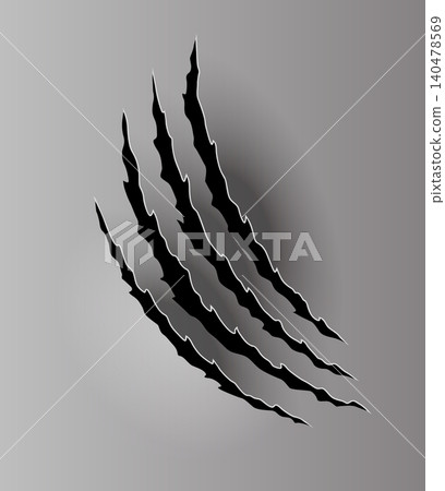 Bear or tiger claw mark. Scratches and torn traces of vector animal paw slashes. Hole in sheet of paper with torn edges. Vector illustration 140478569