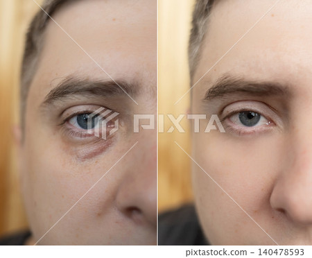 Before and after blepharoplasty or cosmetic treatment. Close up of man face showing reduction of eye bags, festoons, and dark circles under eyes. Male skin rejuvenation concept. Before and after blepharoplasty or cosmetic treatment. Close up of man face showing reduction of eye bags, festoons, and dark circles under eyes. Male skin rejuvenation concept. 140478593