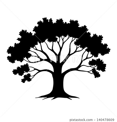 Oak silhouette towering over grass, broad canopy and thick trunk with sprawling roots, high contrast black shape conveys calm stability and parkland serenity Oak silhouette towering over grass, broad canopy and thick trunk with sprawling roots, high contrast black shape conveys calm stability and parkland serenity 140478609
