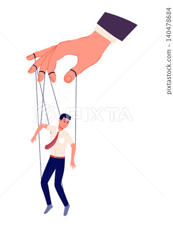 Puppeteer hand controlling puppet. Business man or worker being controlled by puppet master. Manipulates man like puppet. Employer domination exploitation or authority manipulator Puppeteer hand controlling puppet. Business man or worker being controlled by puppet master. Manipulates man like puppet. Employer domination exploitation or authority manipulator 140478684